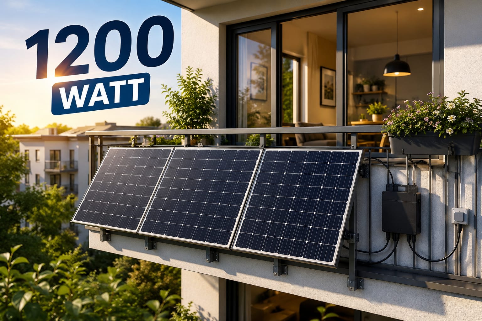 Bestes Balkonkraftwerk 1200 Watt mit Solarmodulen auf modernem Balkon und Wechselrichter
