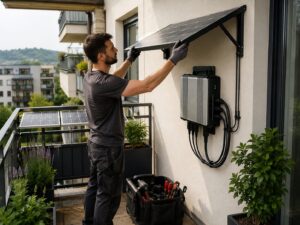 Installation eines Balkonkraftwerk 1600W Wechselrichters auf einem Balkon mit sicherer Montage