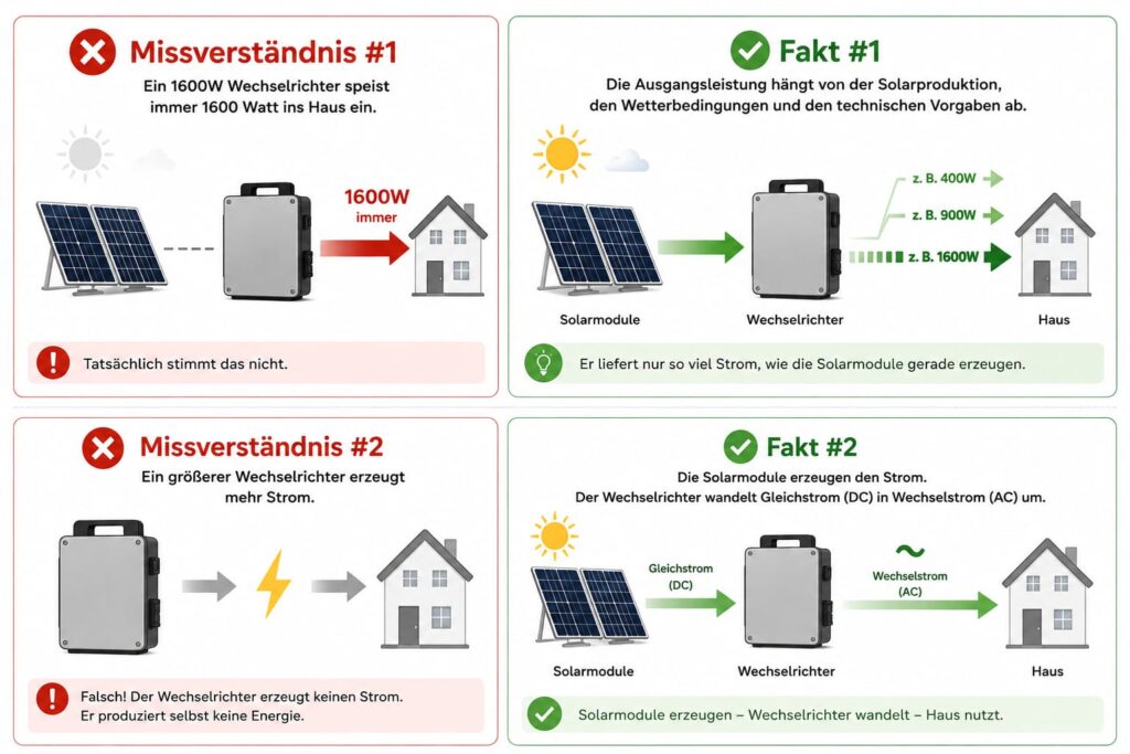 Infografik zu häufigen Missverständnissen über einen Balkonkraftwerk 1600W Wechselrichter