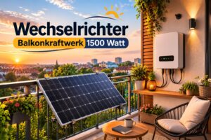 Moderner Balkon mit Solarmodulen und Wechselrichter für ein 1500-Watt-Balkonkraftwerk bei Sonnenuntergang